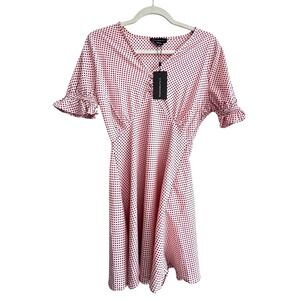 NWT Wednesday Girl Gingham Style Mini Dress Size Medium Polka Dot Ruffle Sleeve